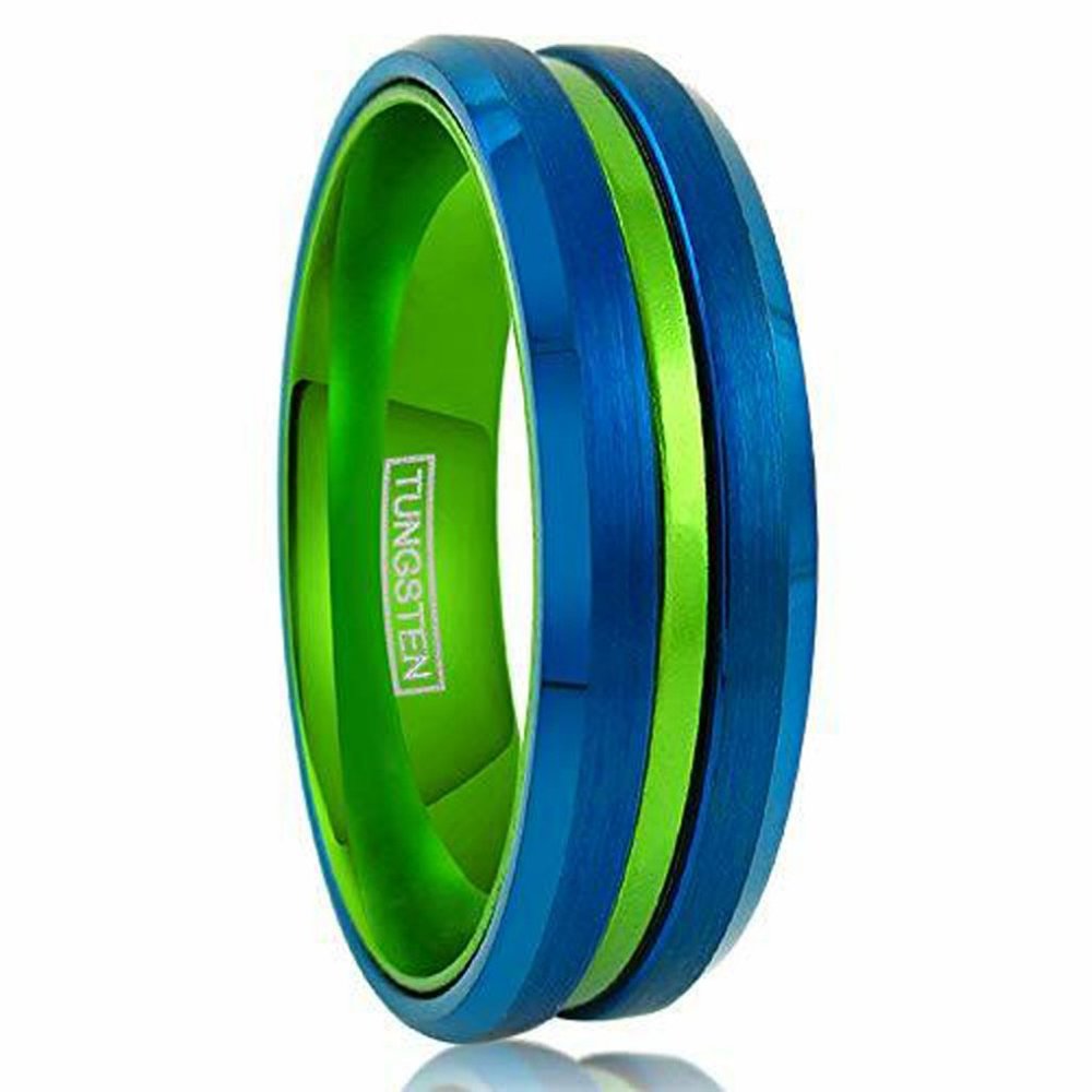 Womens Tungsten Wedding Band 6mm. Blue / Green Groove Matte Finish Tungsten Ring